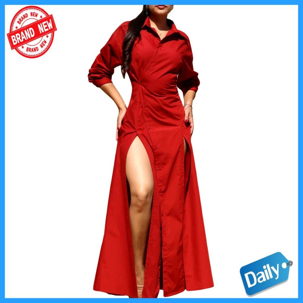 Button Down Maxi Shirt Dress Long Sleeve Flowy Elegant Double Slits Tailored